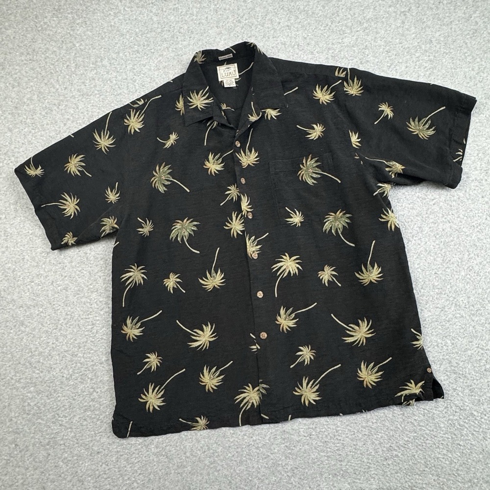 Luau‎ Hawaiian Camp Shirt Mens XL Black Palm Tree Finest Silk Loop Collar Beach